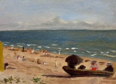 Peinture à l'huile impressionniste française des années 1950, scène de plage, figures élégantes et parasols