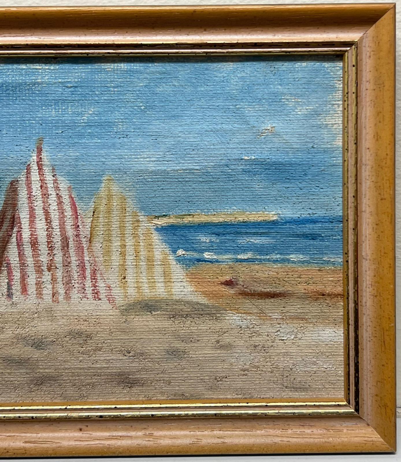 Pittura a olio impressionista francese degli anni '50 Scena di spiaggia Tende da spiaggia vintage - Painting Impressionismo di French Mid 20th Century