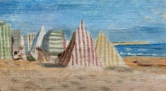 1950's French Impressionist Oil Painting Beach Scene Vintage Beach Tents