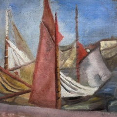 1950 Pittura a olio impressionista francese Scena di spiaggia Porto di barche a vela vintage