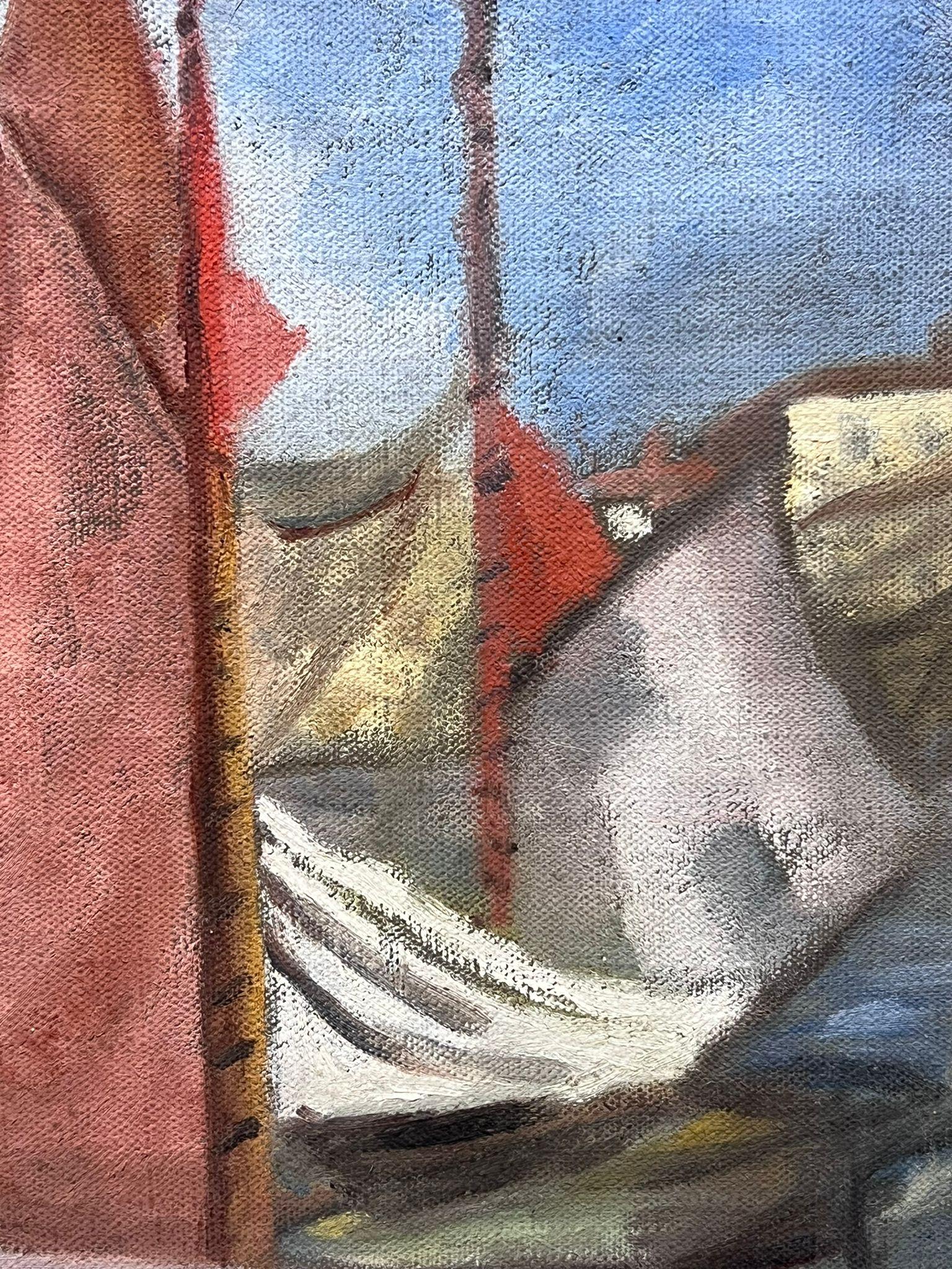 1950s French Impressionist Oil Painting Beach Scene Vintage Sailing Boats Harbor en vente 1