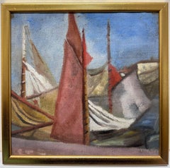 1950s French Impressionist Oil Painting Beach Scene Vintage Sailing Boats Harbor