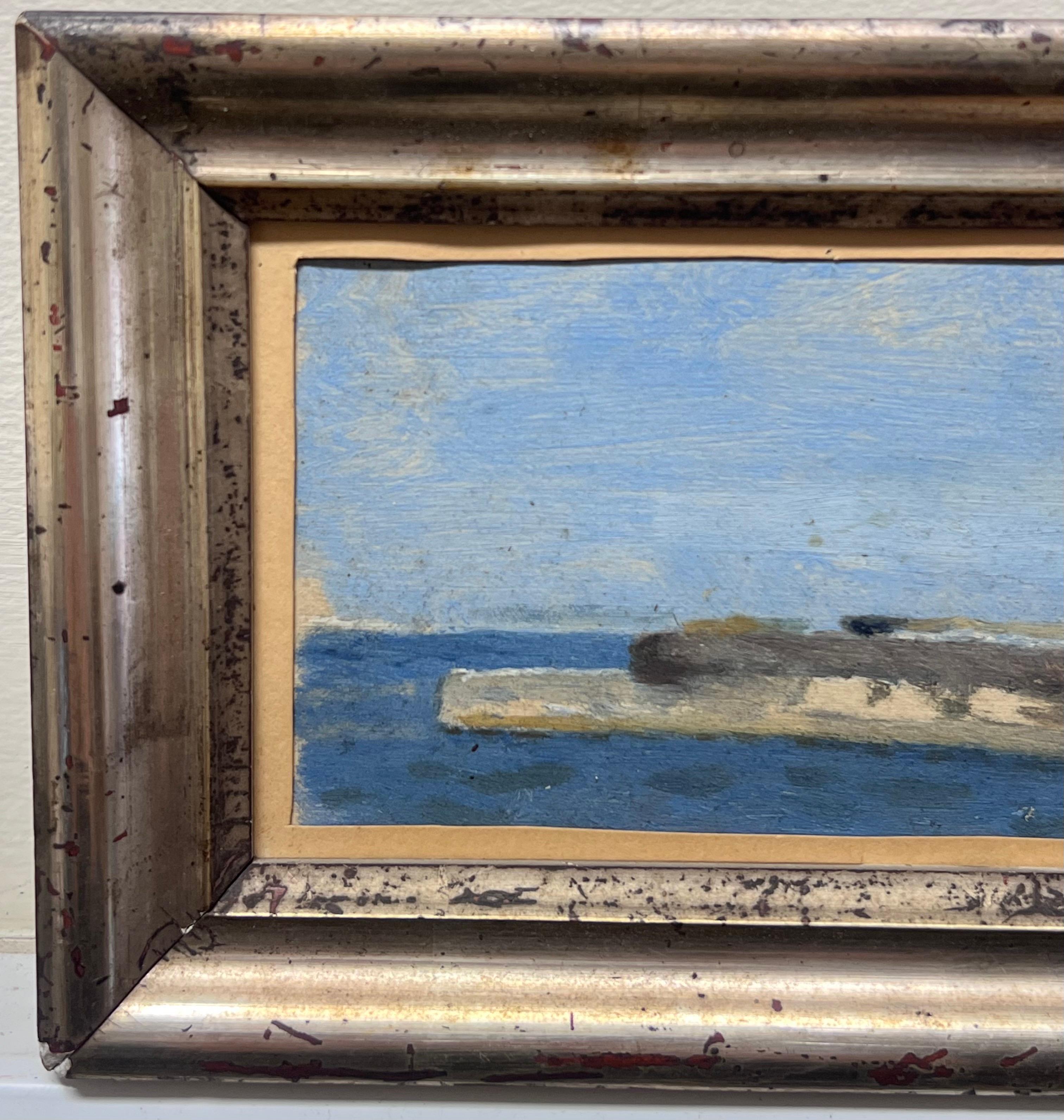 1950's French Impressionist Oil Painting Coastal Harbour Scene Old Stone Jetty - Gray Landscape Painting by French Mid 20th Century