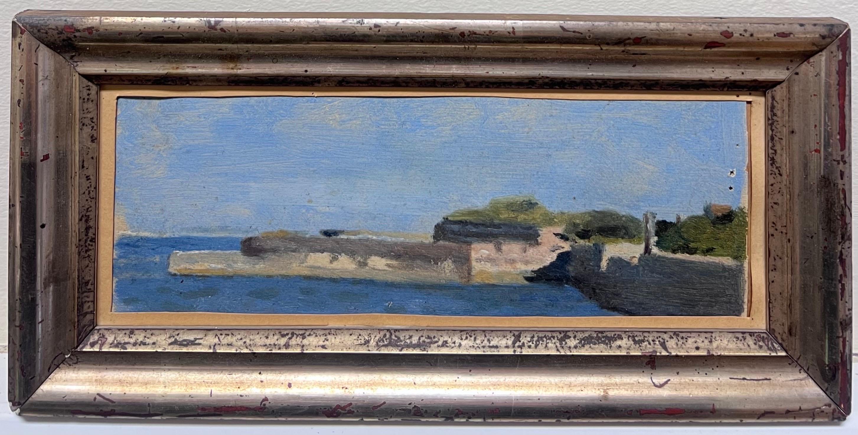 French Mid 20th Century Landscape Painting - 1950's French Impressionist Oil Painting Coastal Harbour Scene Old Stone Jetty