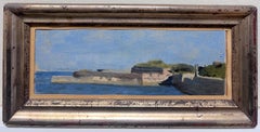 1950's French Impressionist Oil Painting Coastal Harbour Scene Old Stone Jetty