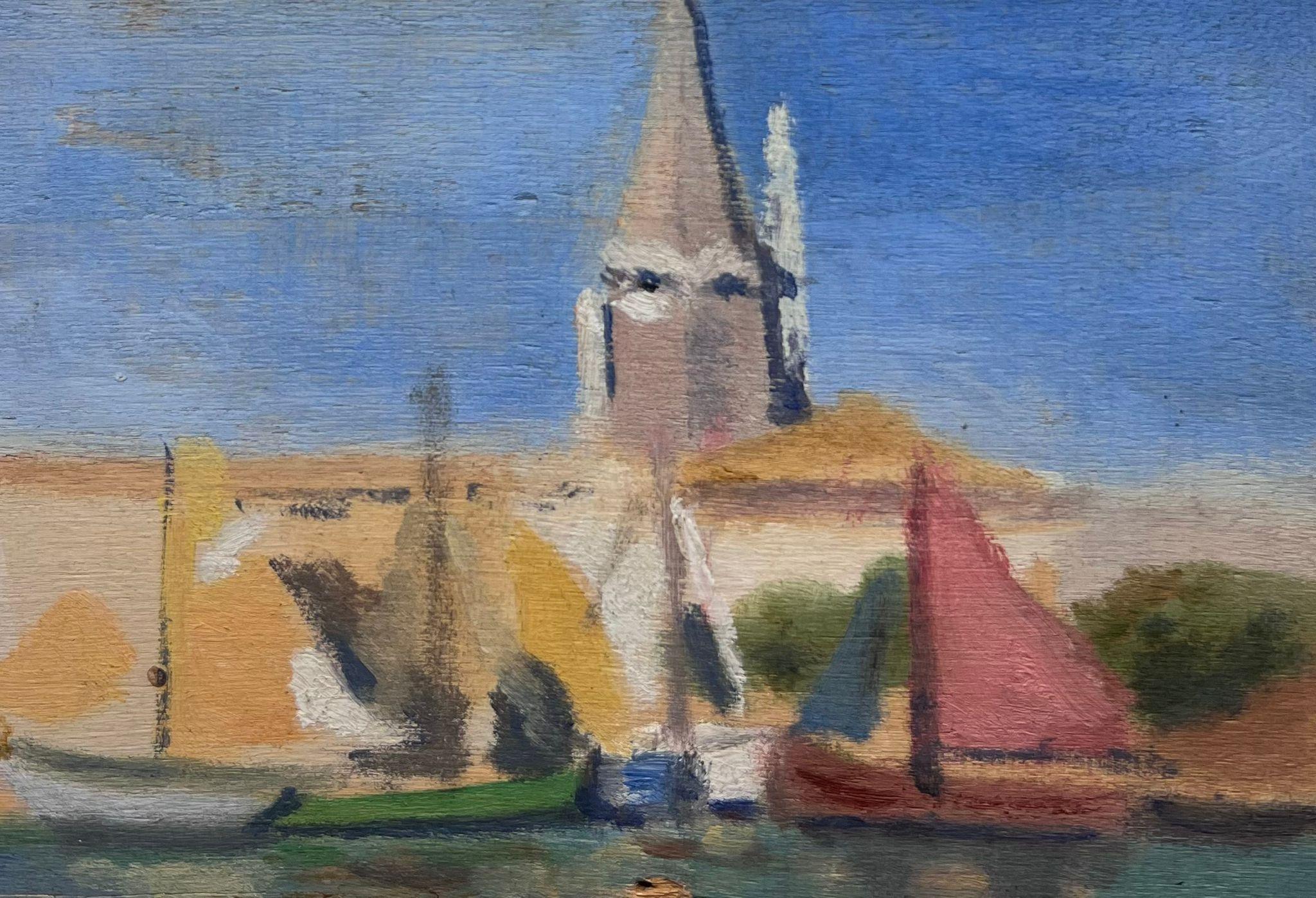 1950's French Impressionist Oil Painting Harbor Scene Vintage Sailing Boats - Gray Landscape Painting by French Mid 20th Century