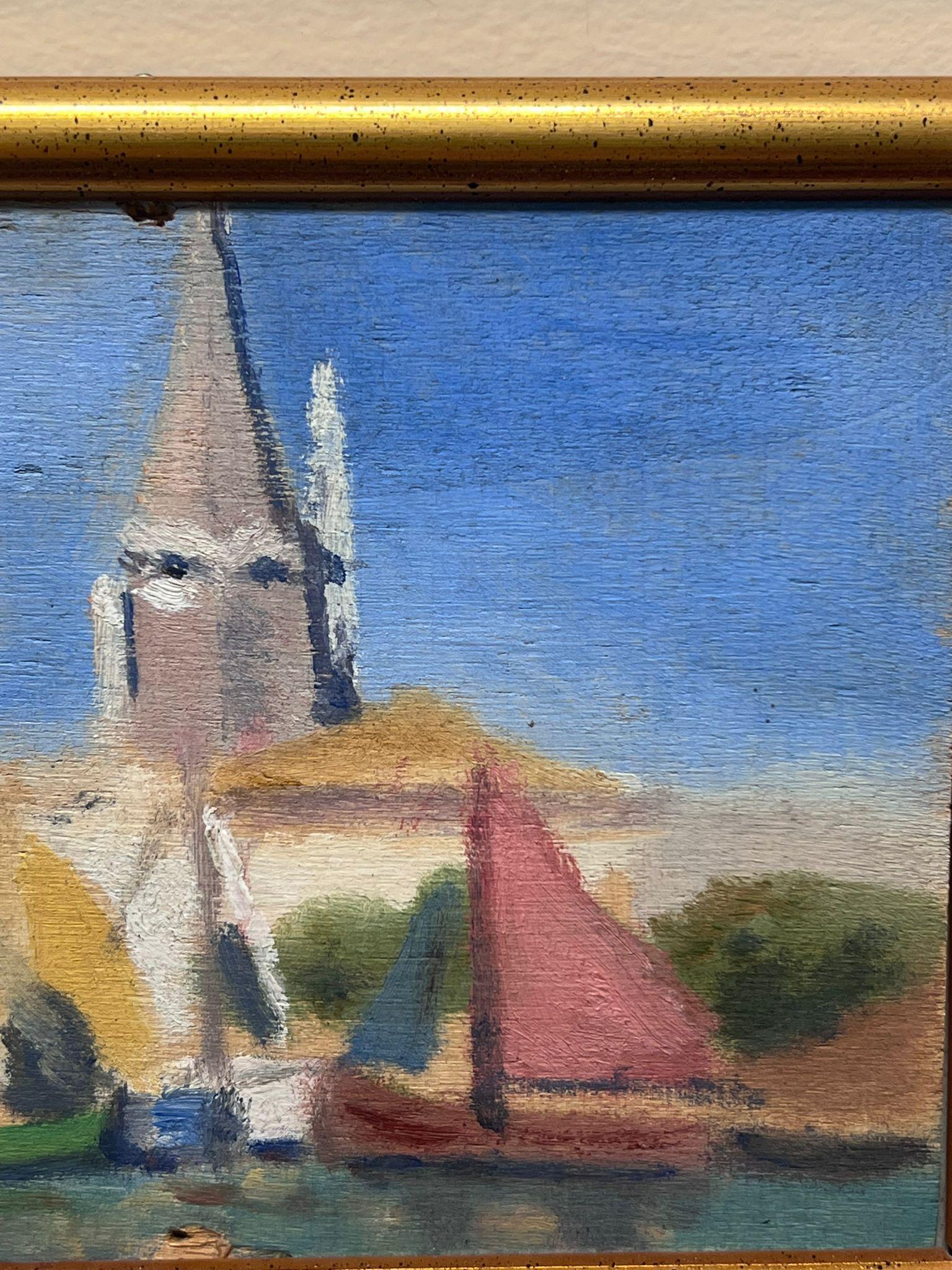 The Harbor
French Impressionist artist, mid 20th century
oil on canvas laid over board, framed
painting: 4.25 x 6 inches
framed: 4.75 x 6.5 inches
condition: overall very good, a few minor markings to the surface but generally very good and