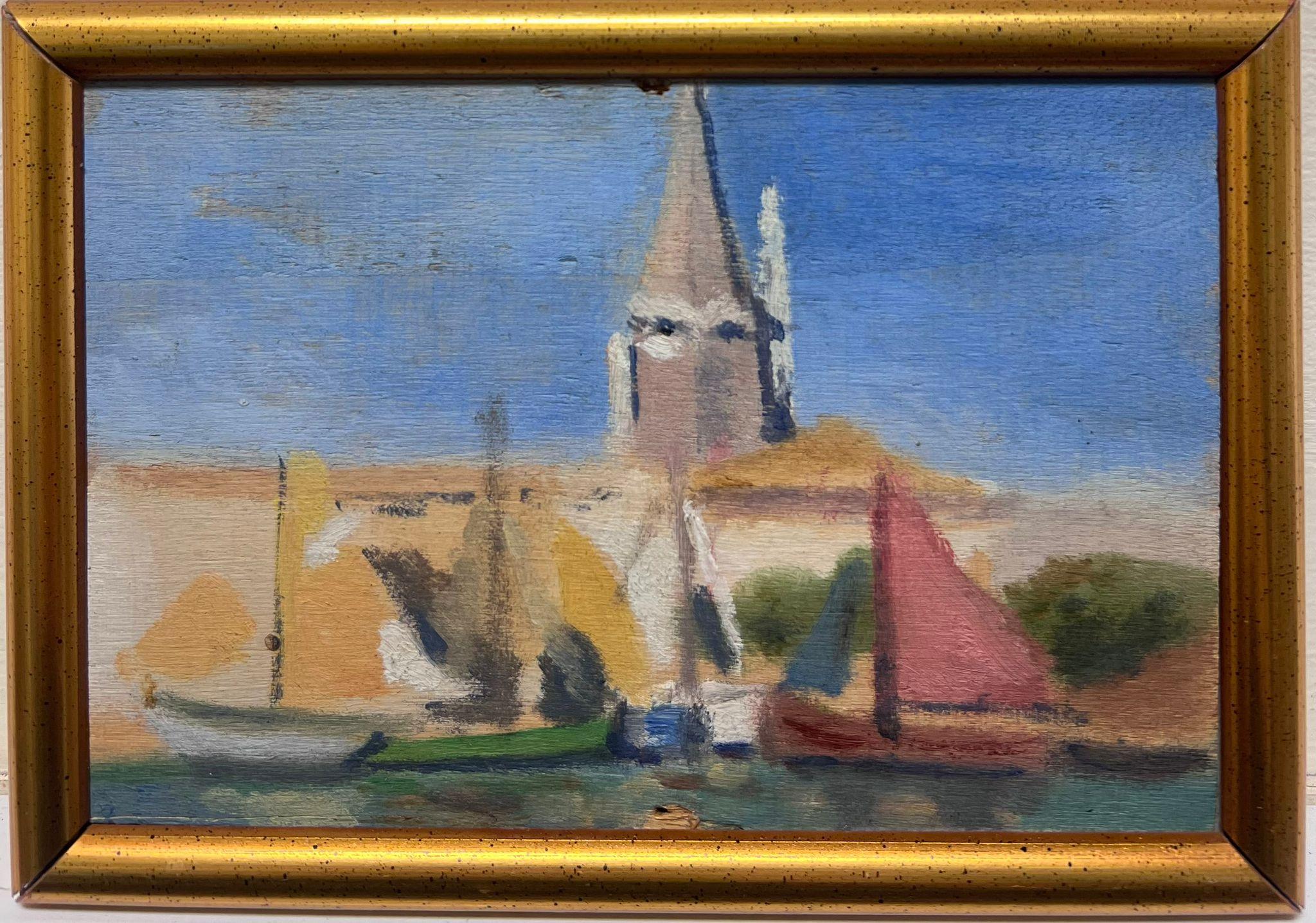 French Mid 20th Century Landscape Painting - 1950's French Impressionist Oil Painting Harbor Scene Vintage Sailing Boats