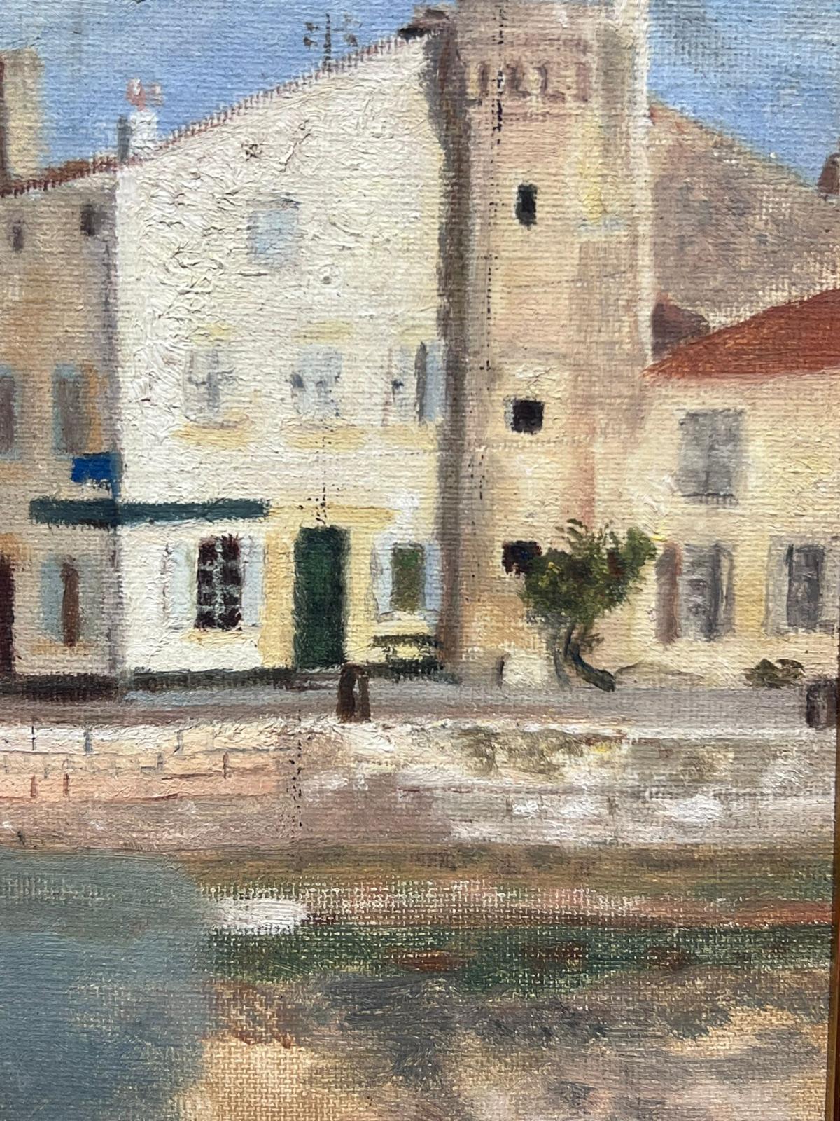 Pintura al óleo impresionista francesa de los años 50 Puerto de la ciudad vieja con casas - Painting Impresionista de French Mid 20th Century