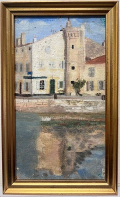 Pintura al óleo impresionista francesa de los años 50 Puerto de la ciudad vieja con casas