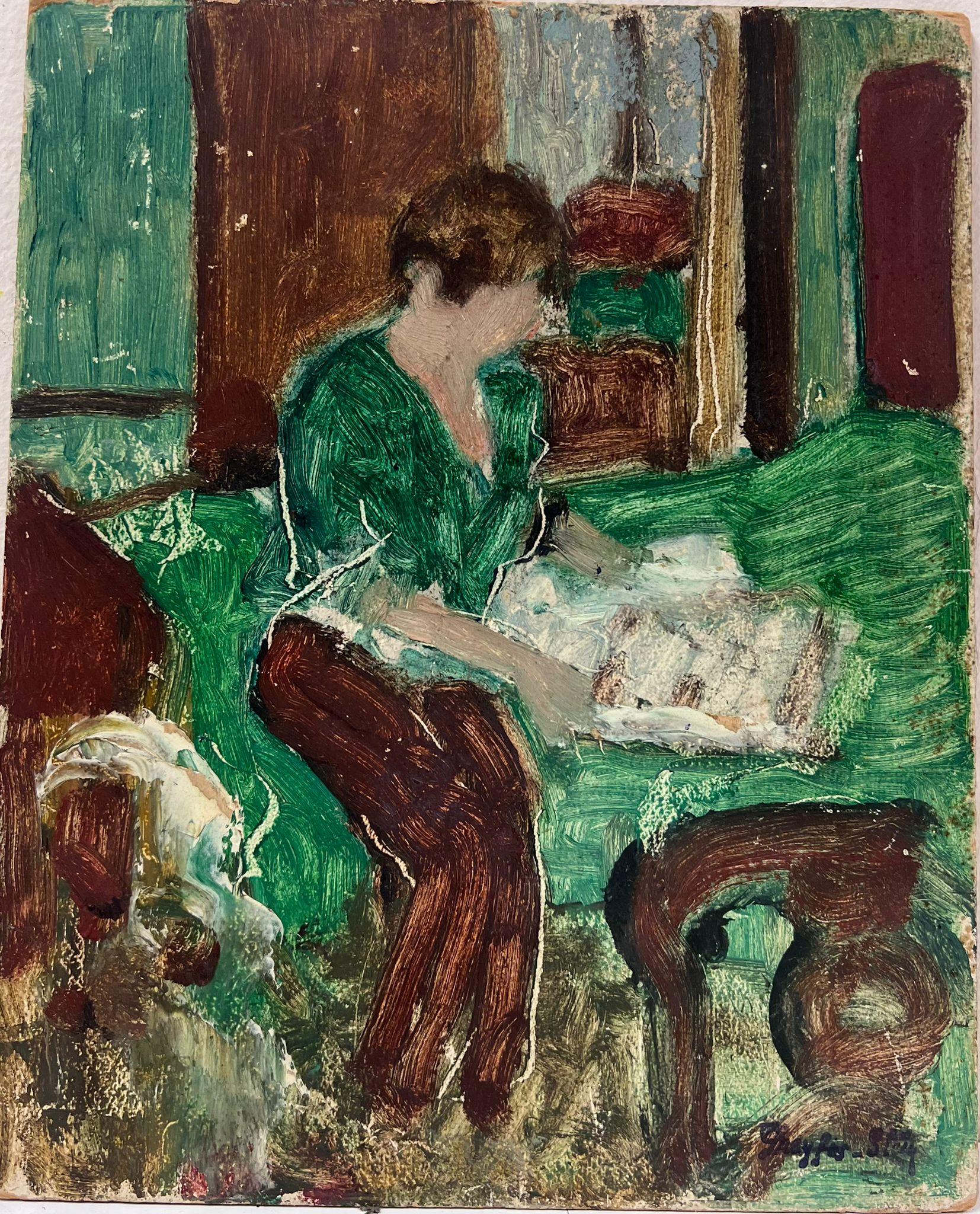The Green Interior
French modernist, mid 20th century
signed oil on board, unframed
board : 10.5 x 8.5 inches
provenance: private collection, France
condition: good and sound condition 