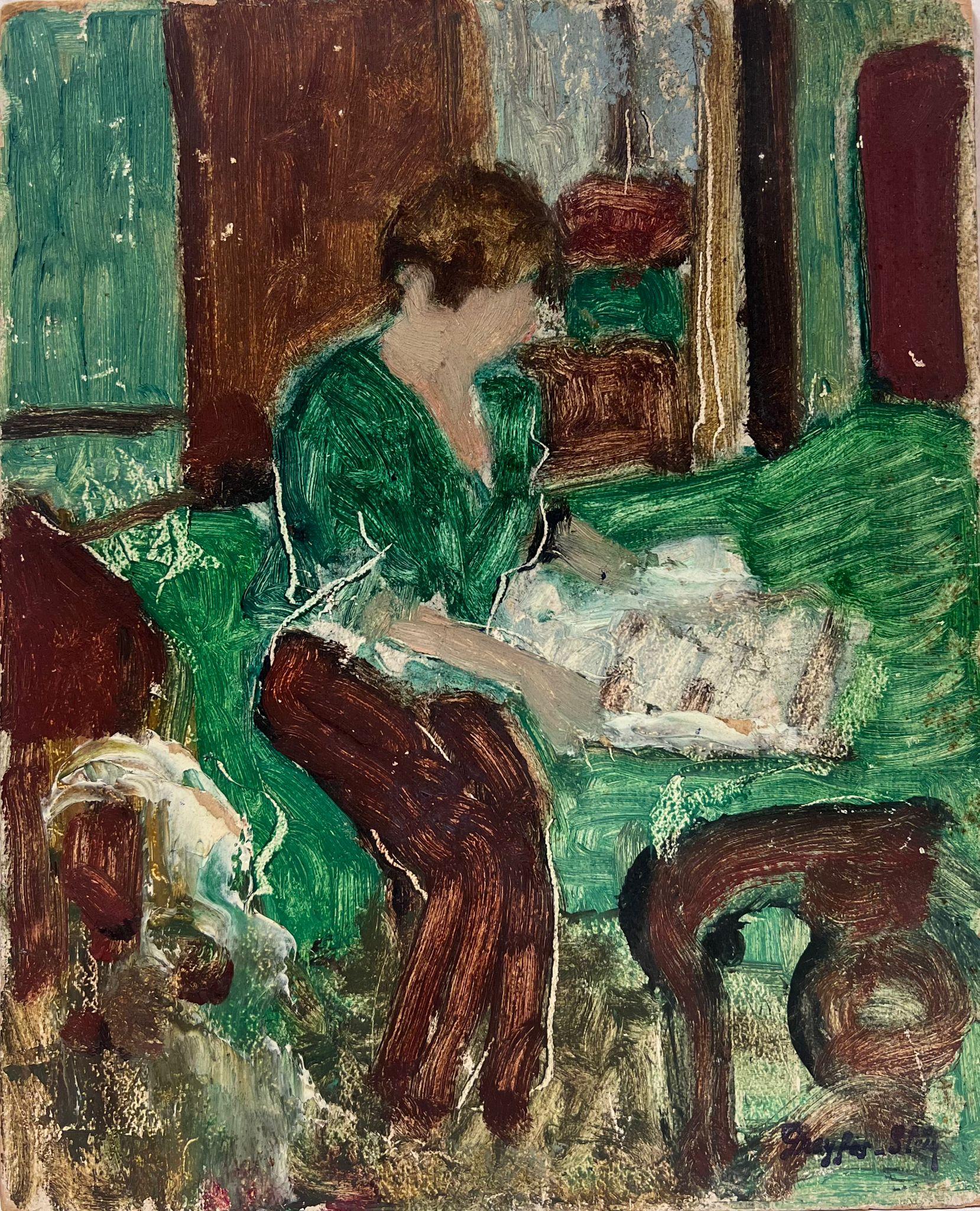 French Mid 20th Century Figurative Painting - 1950's French Modernist Signed Oil Painting Lady Reading in Green Interior