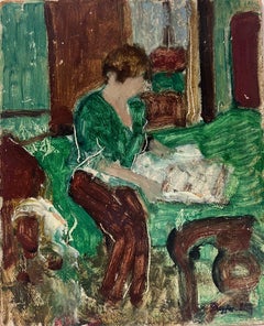1950's Französisch Modernist signiert Ölgemälde Dame Lesen in grünen Interieur