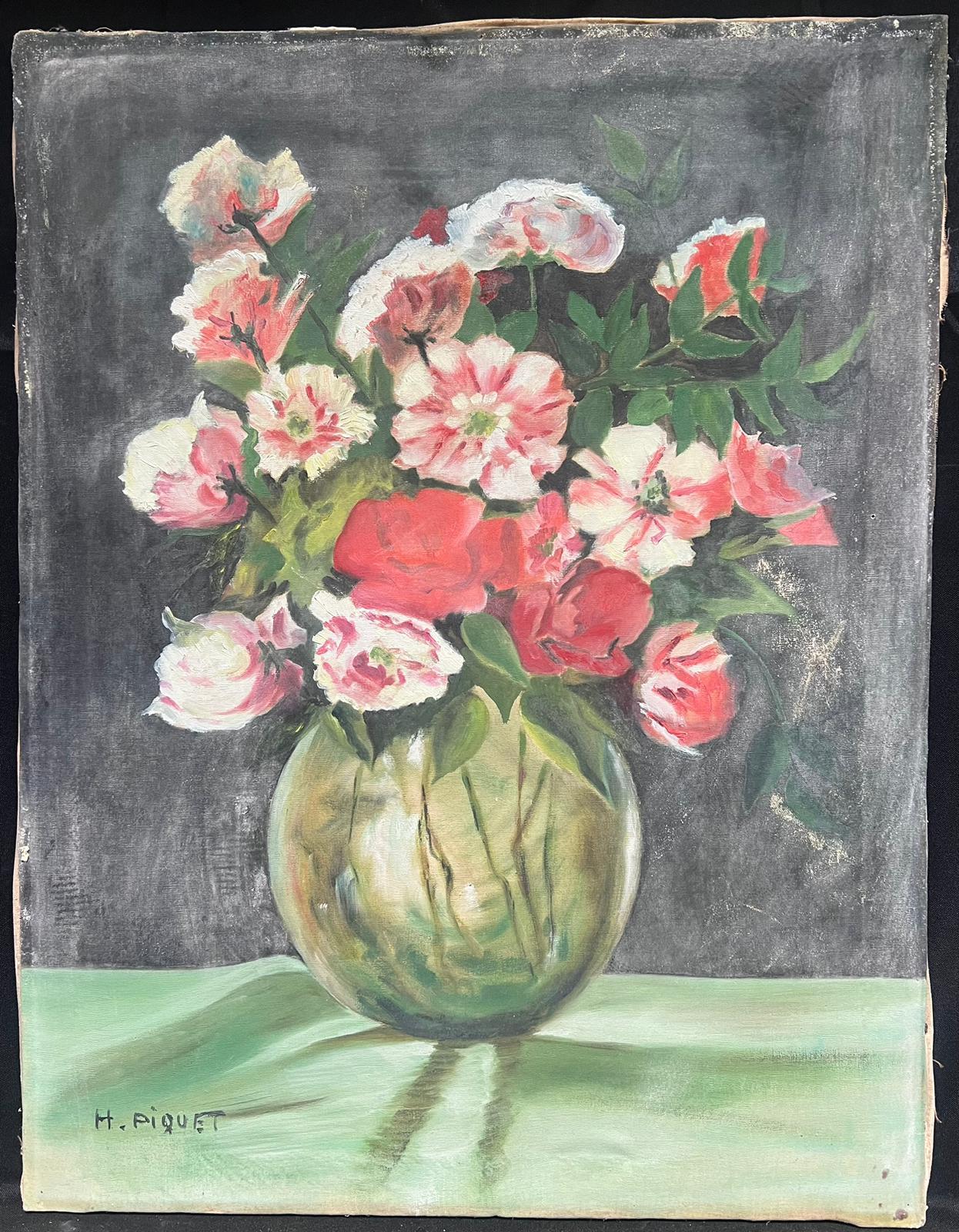 1950s French Signed Oil Painting Shabby Chic Vintage Flowers in Vase Still Life - Gray Interior Painting by French Mid 20th Century