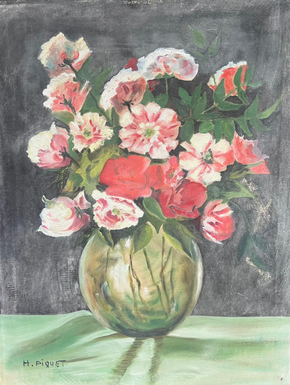 French Mid 20th Century Interior Painting - 1950s French Signed Oil Painting Shabby Chic Vintage Flowers in Vase Still Life