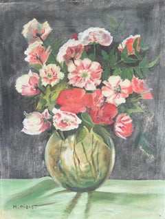 1950s French Signed Oil Painting Shabby Chic Vintage Flowers in Vase Still Life
