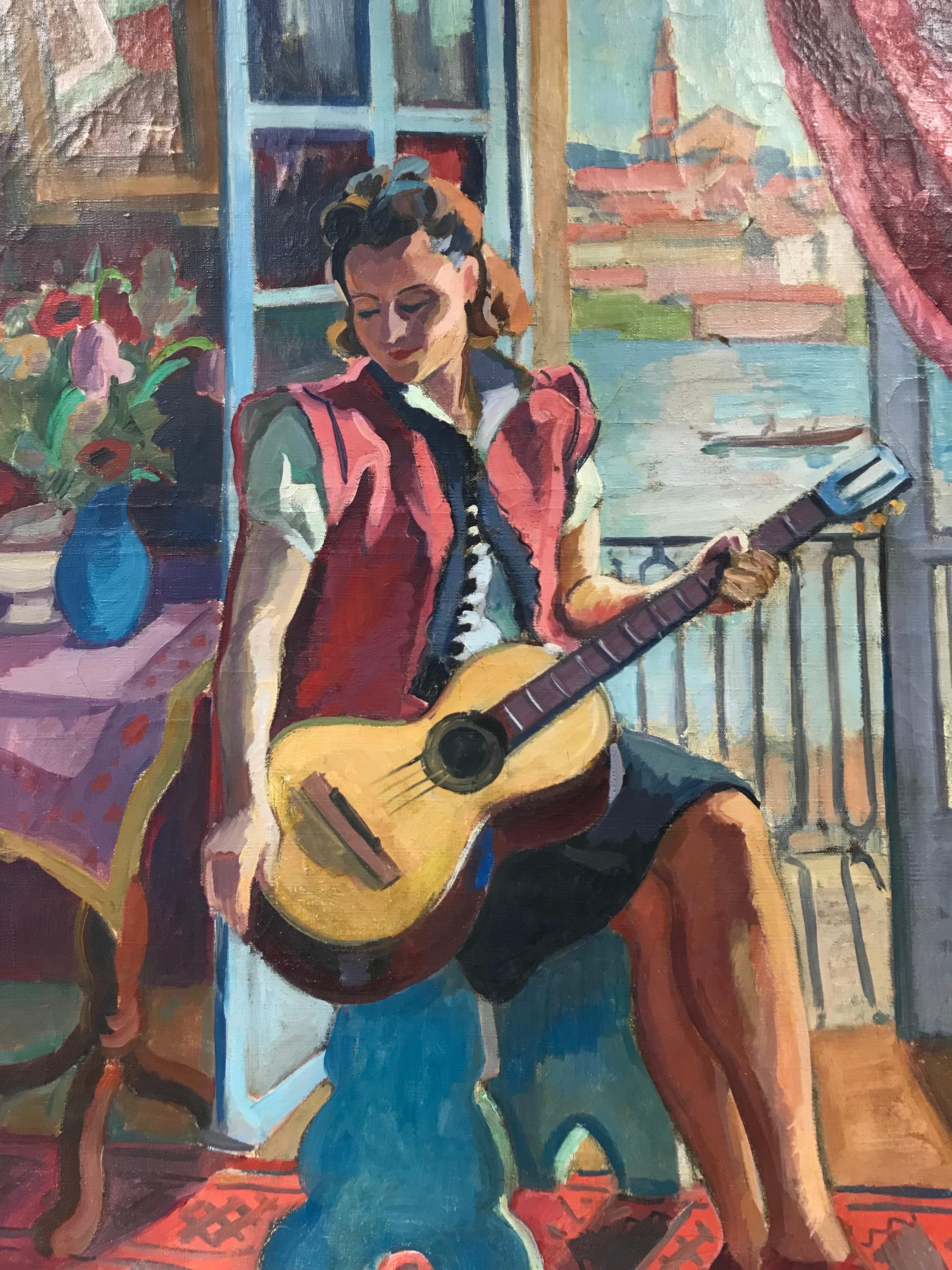 Artist/ School: Roger Worms, French mid 20th century, signed lower corner

Title: Lady with Guitar seated in Window overlooking Marseille Harbour

Medium:  oil painting on canvas, unframed

canvas:   28.75 x 23.5 inches

Provenance: private