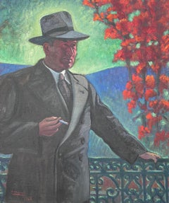 French Mid Century Portrait of Gentleman Smoking on Balcony with Red Foliage