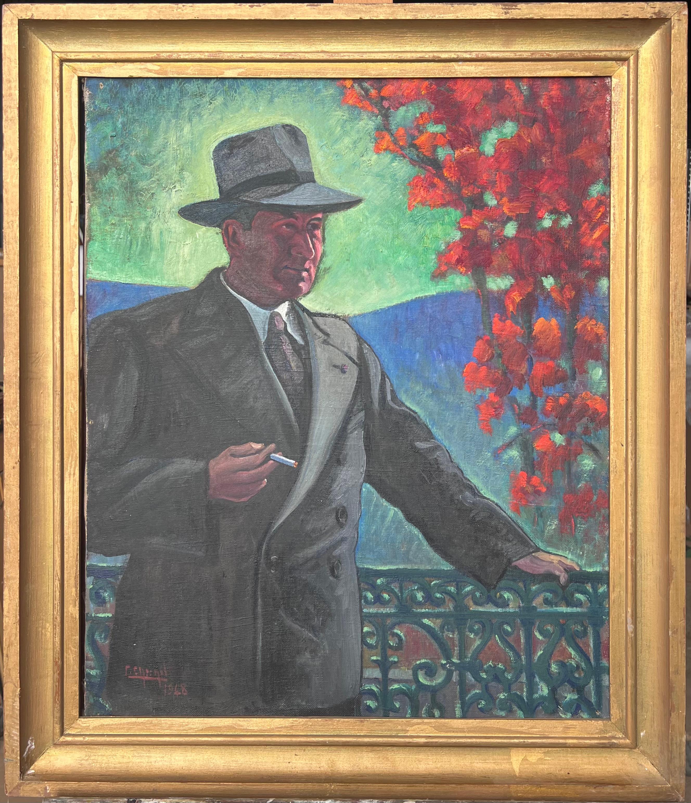 French Mid 20th Century Figurative Painting - French Mid Century Portrait of Gentleman Smoking on Balcony with Red Foliage
