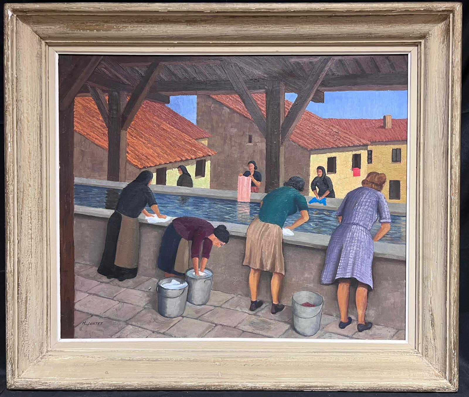 Große 1950's Französisch signiert Ölgemälde Damen Waschen von Kleidung in öffentlichen Bädern – Painting von French Mid 20th Century