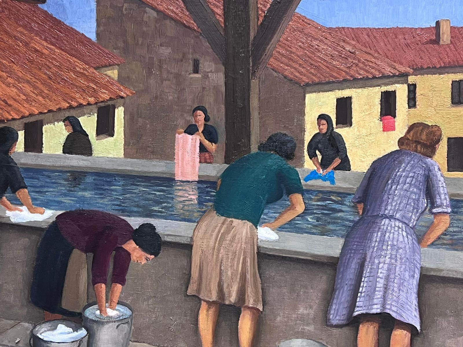 Large 1950's French Signed Oil Painting Ladies Washing Clothes at Public Baths For Sale 1