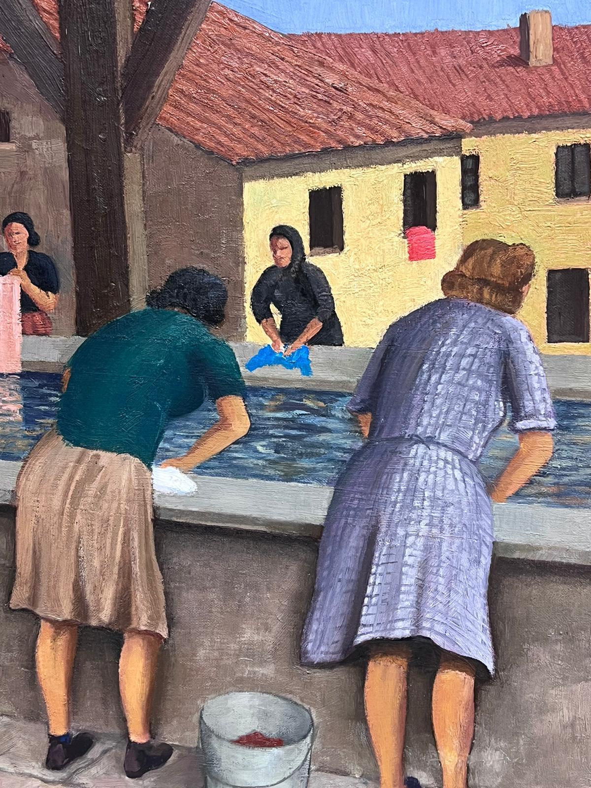Large 1950's French Signed Oil Painting Ladies Washing Clothes at Public Baths For Sale 2