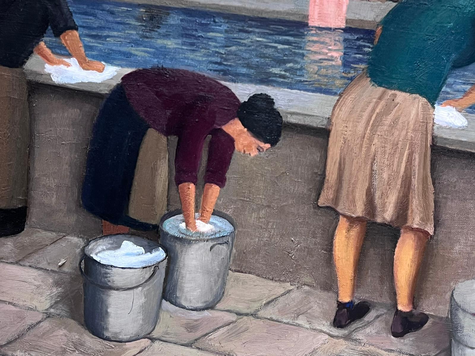 Large 1950's French Signed Oil Painting Ladies Washing Clothes at Public Baths For Sale 4