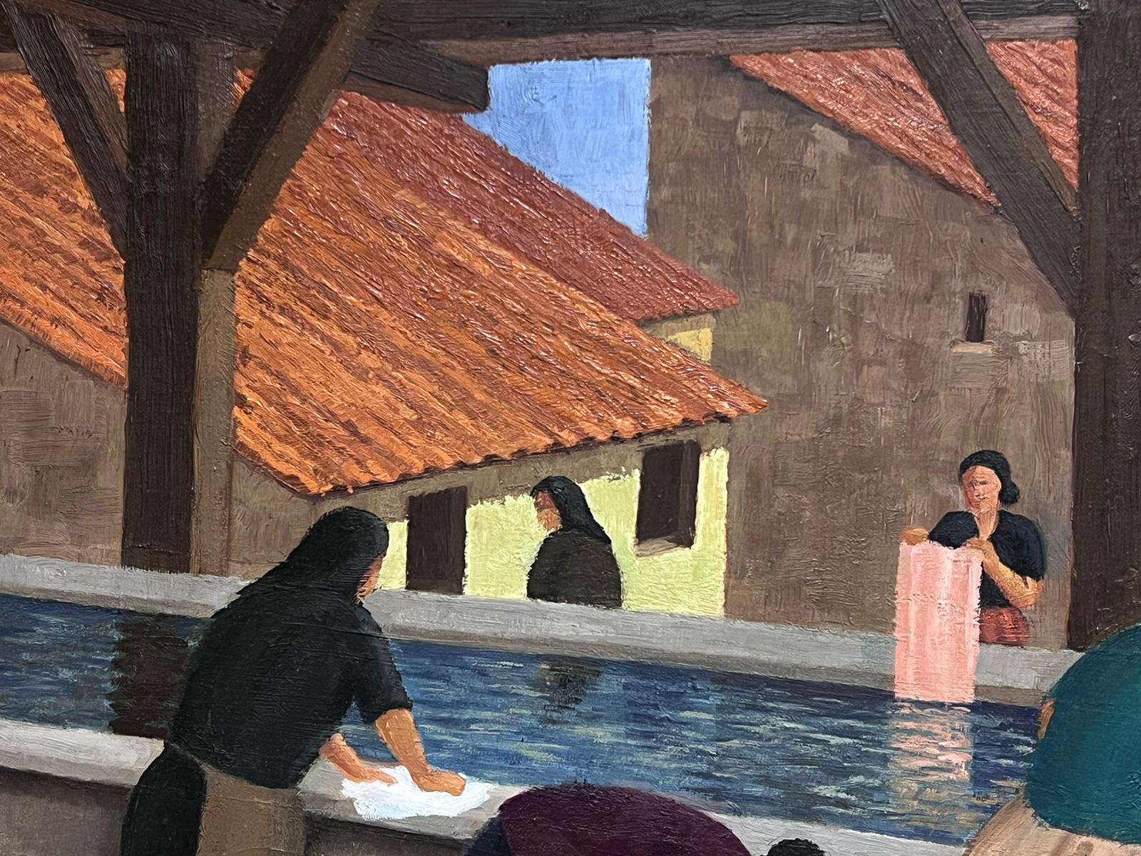Large 1950's French Signed Oil Painting Ladies Washing Clothes at Public Baths For Sale 5