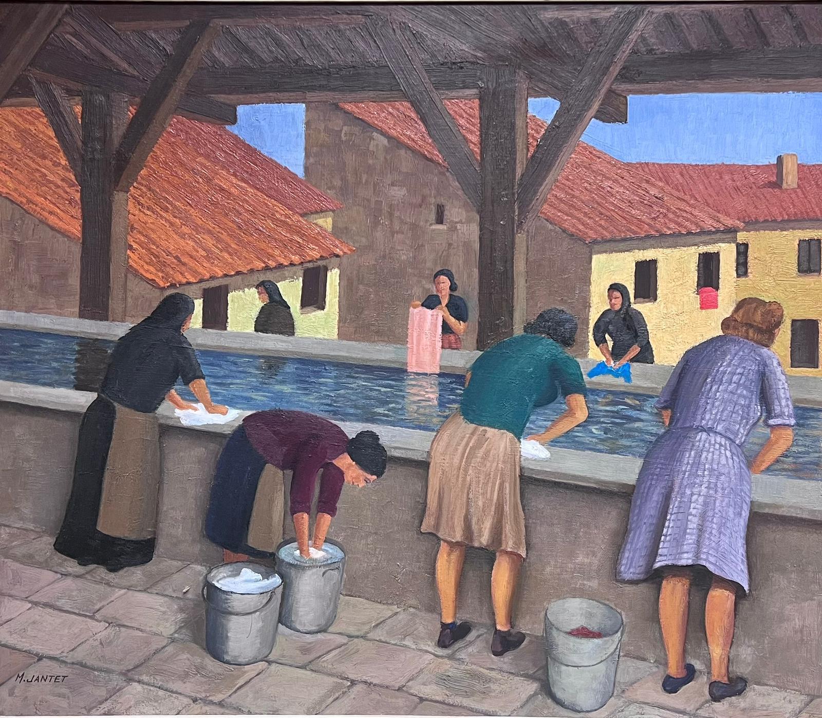 French Mid 20th Century Figurative Painting - Large 1950's French Signed Oil Painting Ladies Washing Clothes at Public Baths