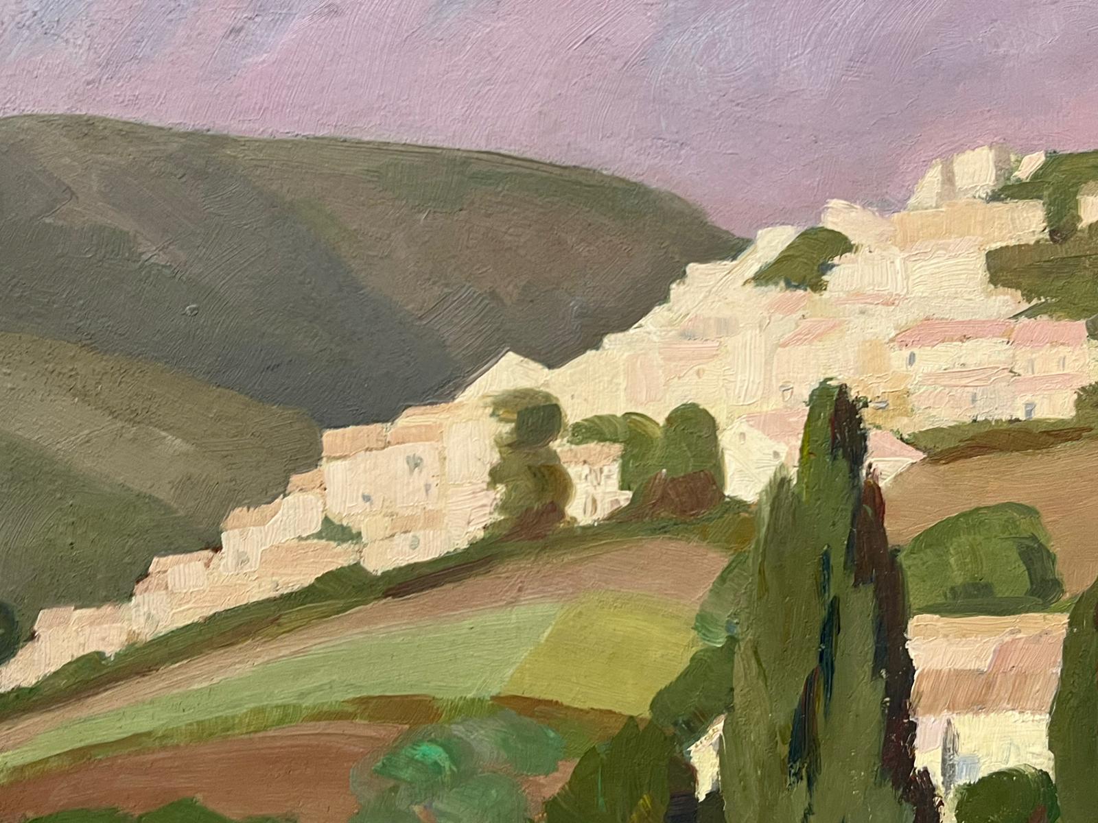 Provencal Hilltop Village in Landscape Mid 20th Century French Oil Painting For Sale 1