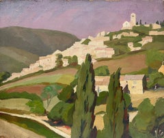 Provencal Hilltop Village in Landscape Mid 20th Century French Oil Painting
