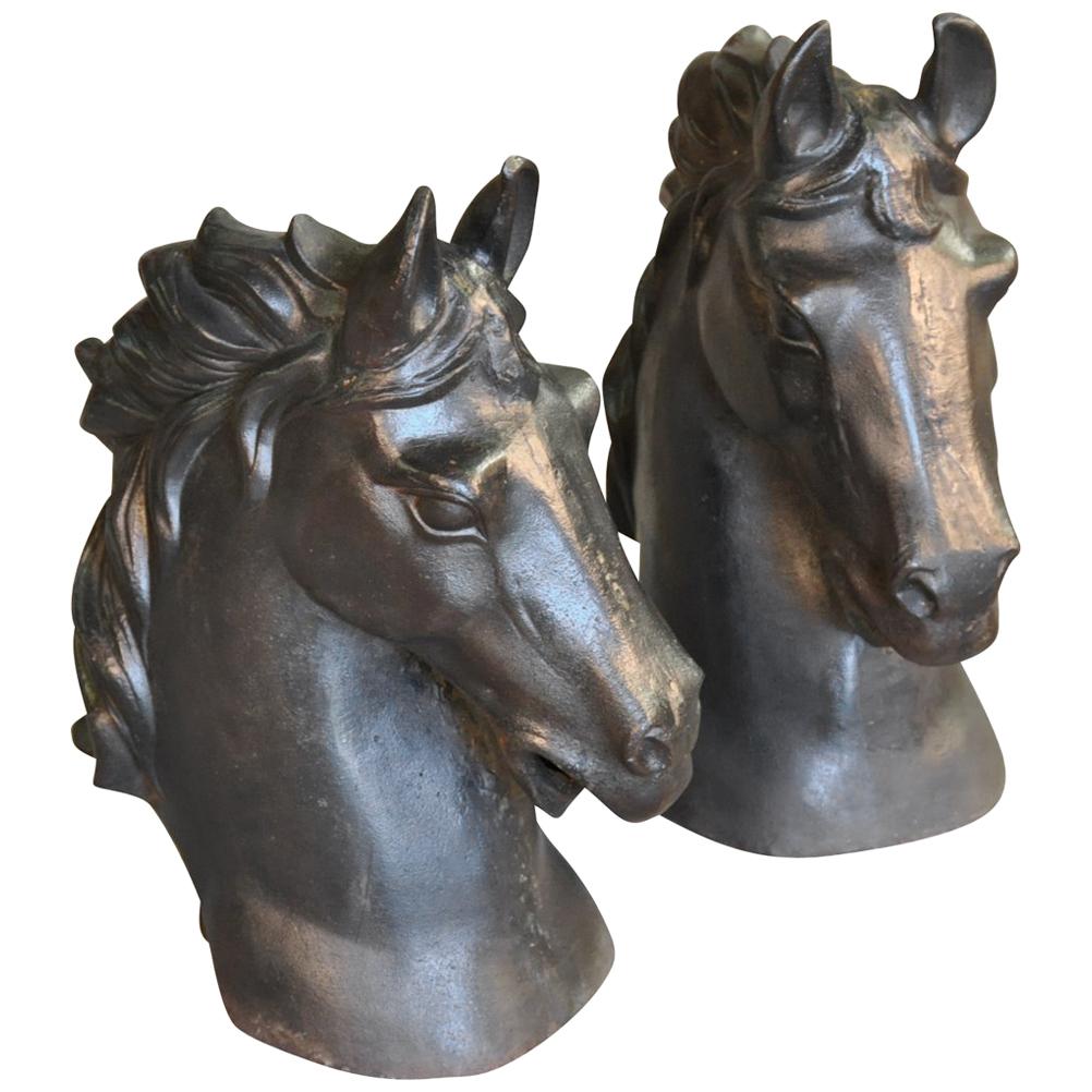 French Mid-20th Century Pair of Cast Iron Horseheads