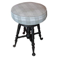 French Mid-20th Century Revolving Walnut Piano Stool with Fabric Covered Seat