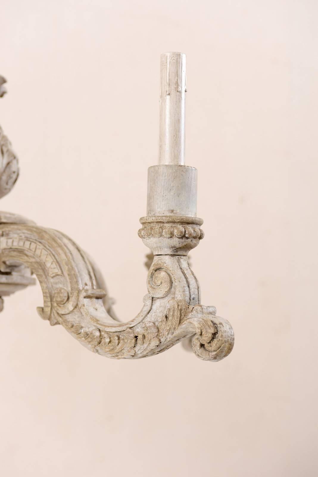 French Mid-20th Century Richly Carved and Painted Wood Chandelier in Soft Cream 6