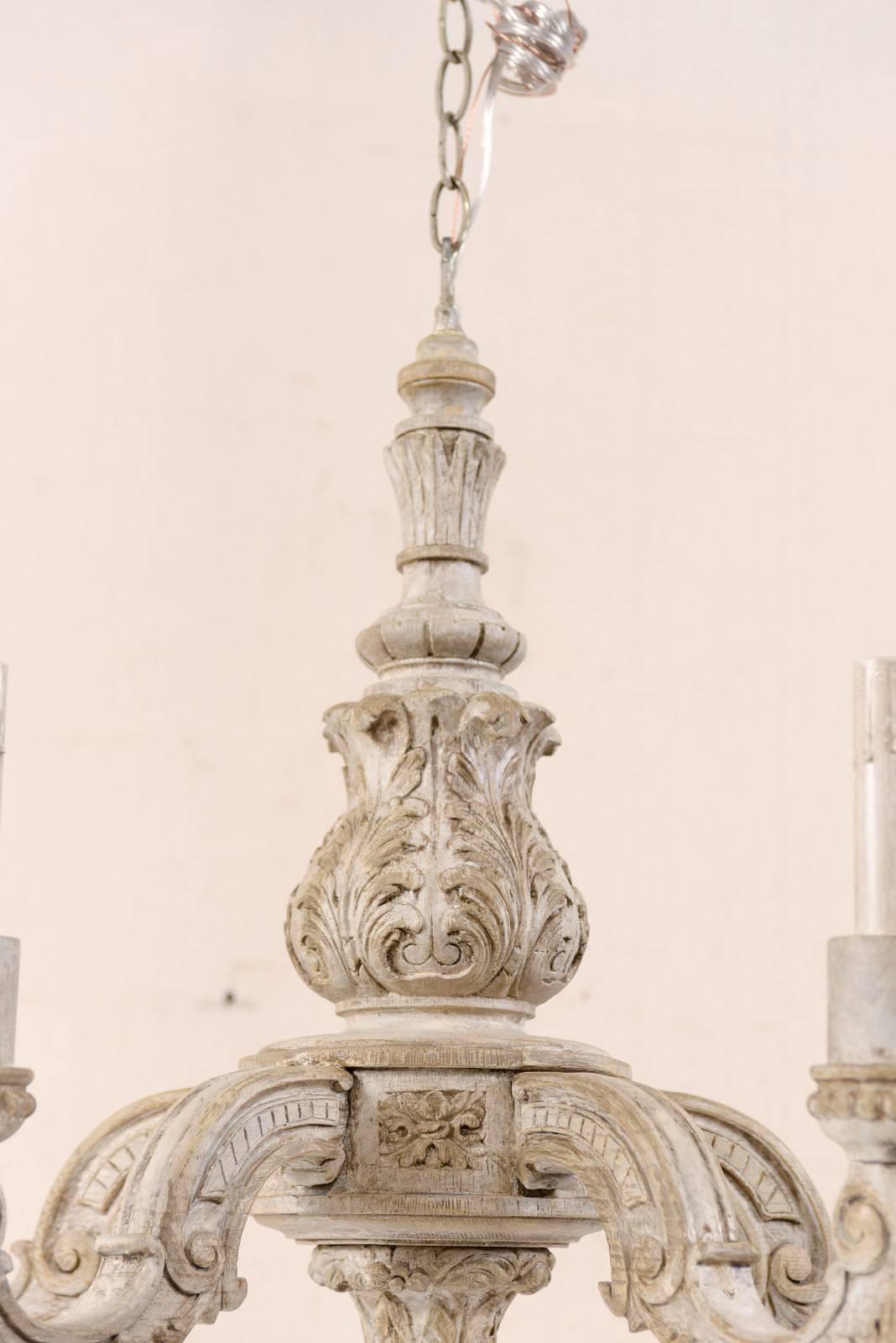 French Mid-20th Century Richly Carved and Painted Wood Chandelier in Soft Cream 2