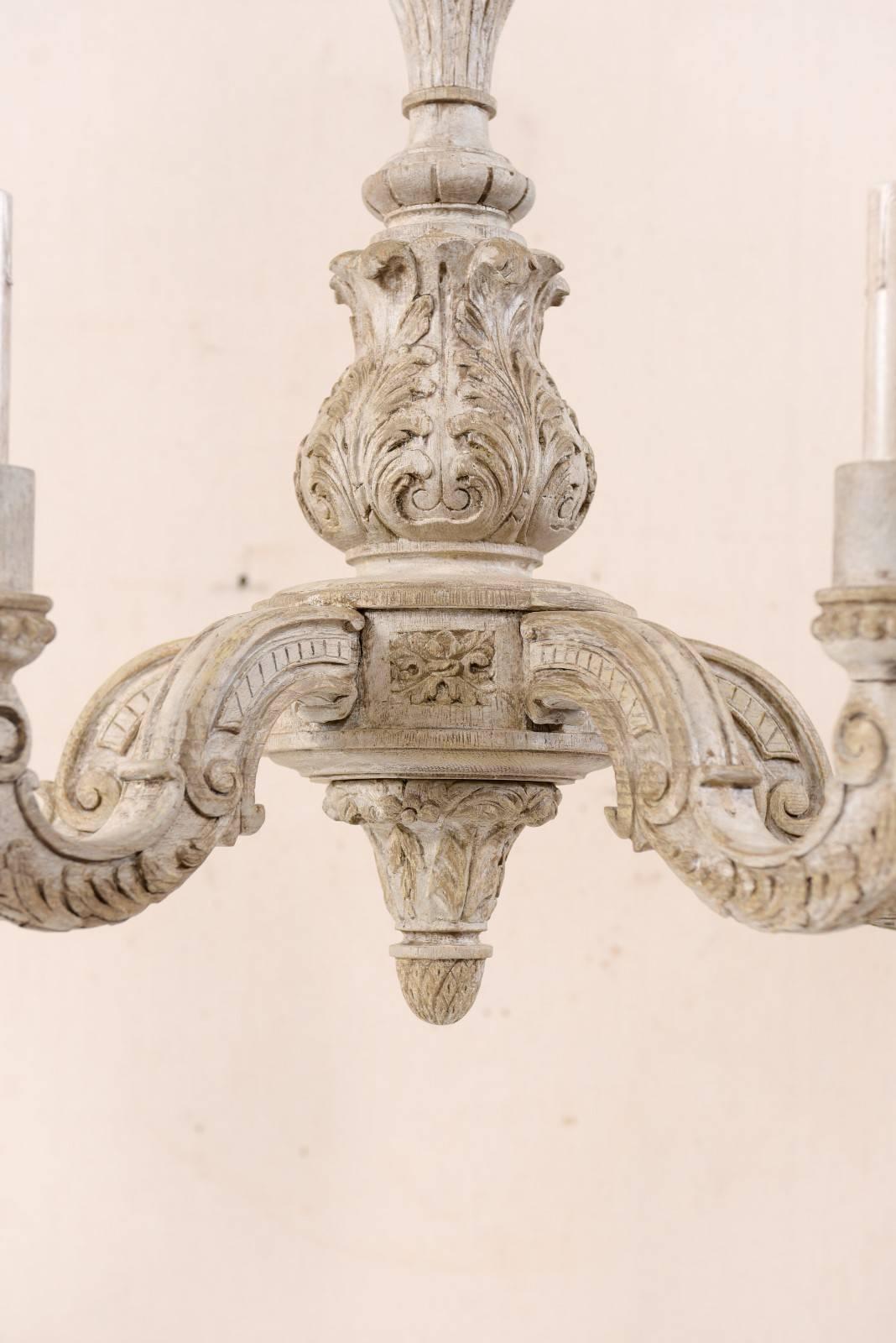 French Mid-20th Century Richly Carved and Painted Wood Chandelier in Soft Cream 4