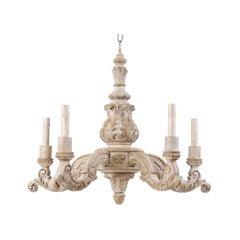 French Mid-20th Century Richly Carved and Painted Wood Chandelier in Soft Cream