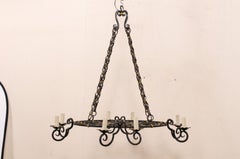 French Oval-Shaped, 8-Light, Forged-Iron Chandelier with Gold Accents