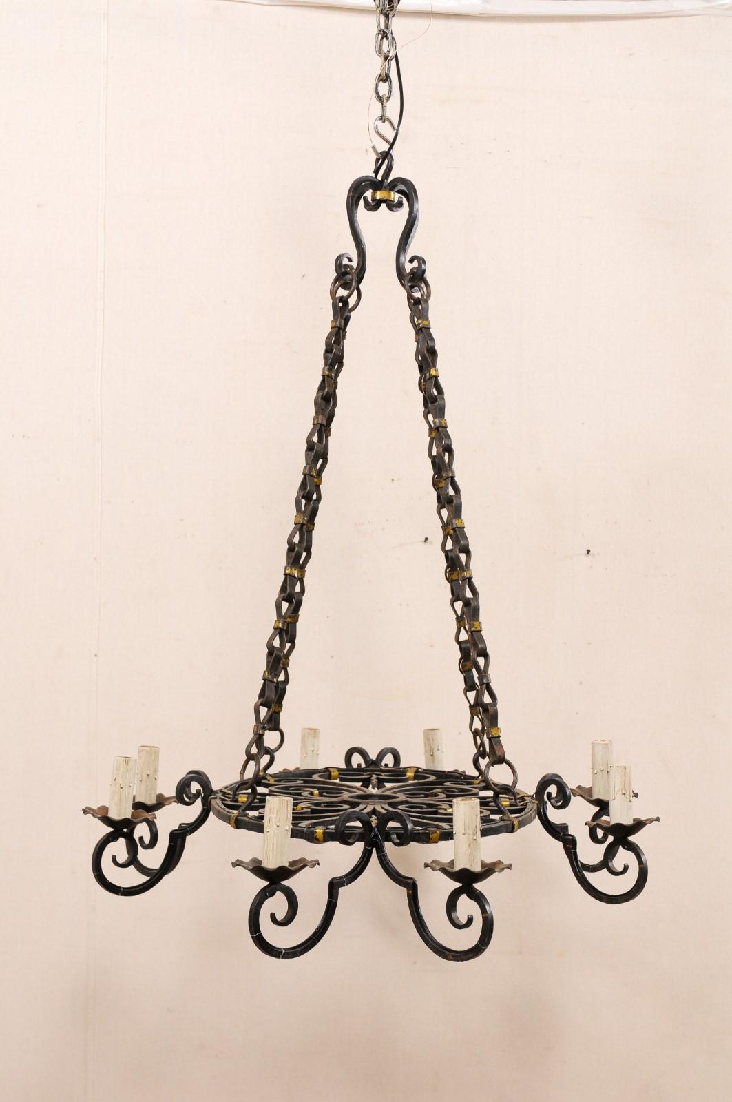 20th Century French Oval-Shaped, 8-Light, Forged-Iron Chandelier with Gold Accents For Sale