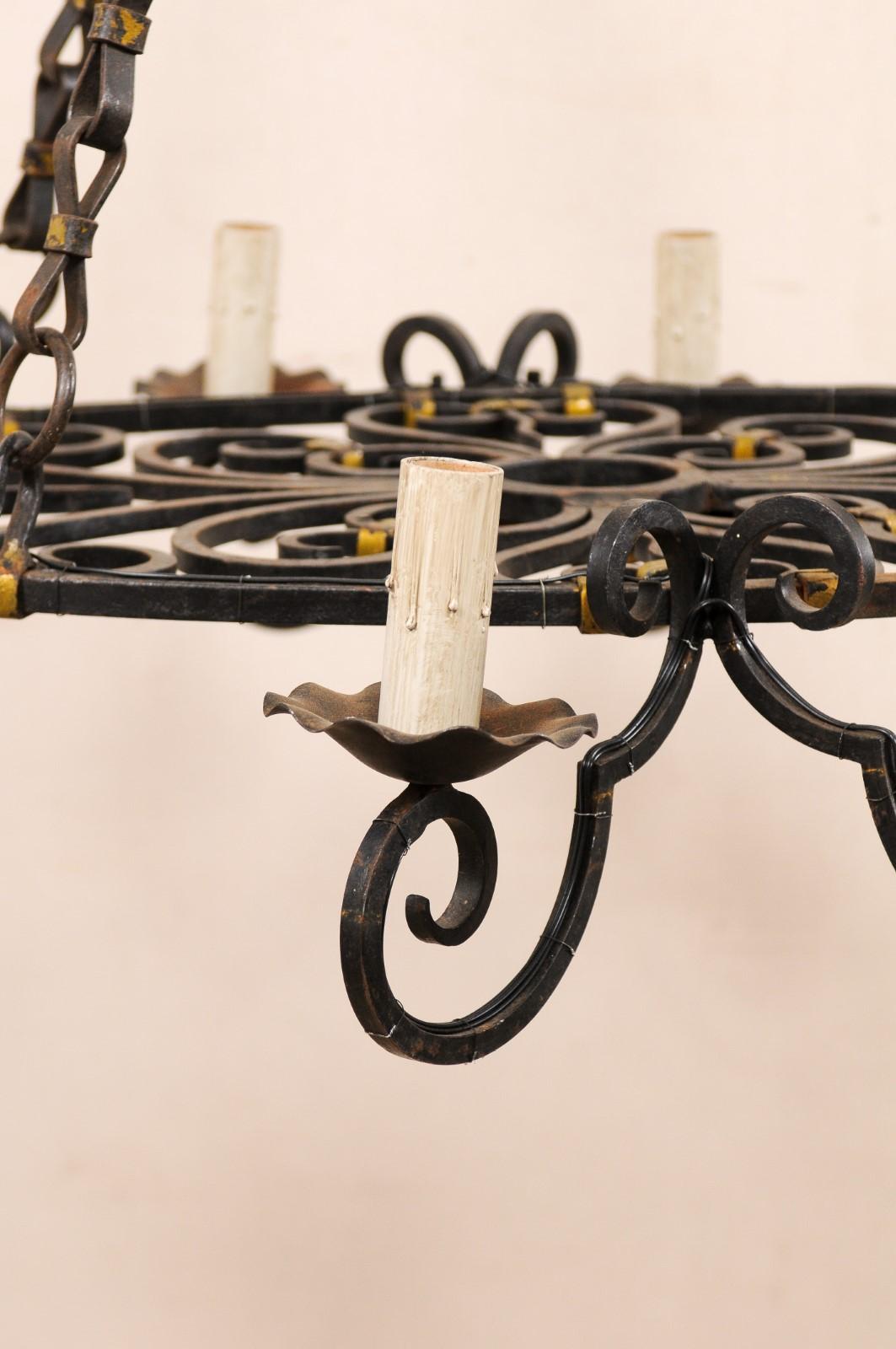 French Oval-Shaped, 8-Light, Forged-Iron Chandelier with Gold Accents For Sale 2