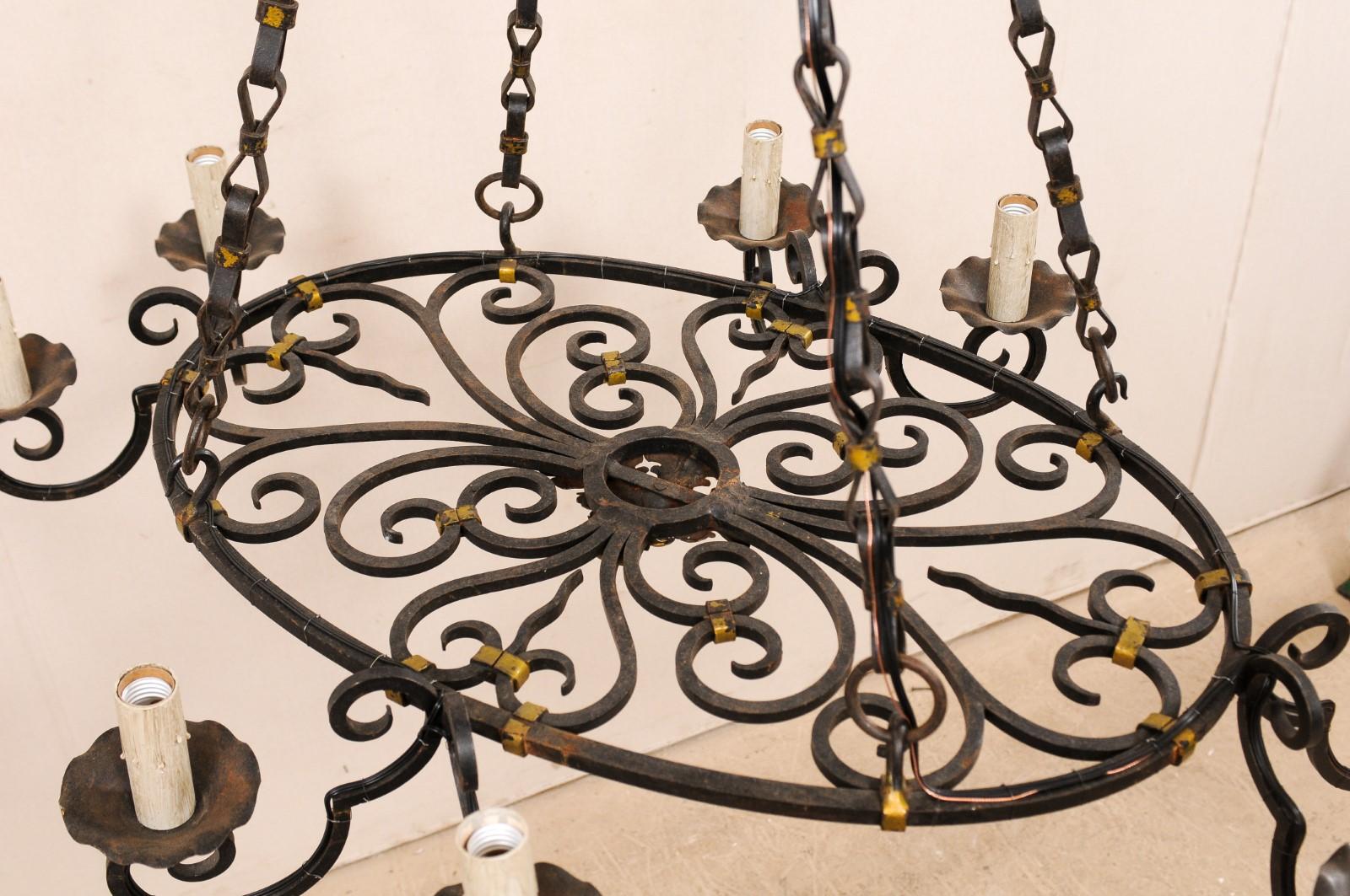 French Oval-Shaped, 8-Light, Forged-Iron Chandelier with Gold Accents For Sale 3