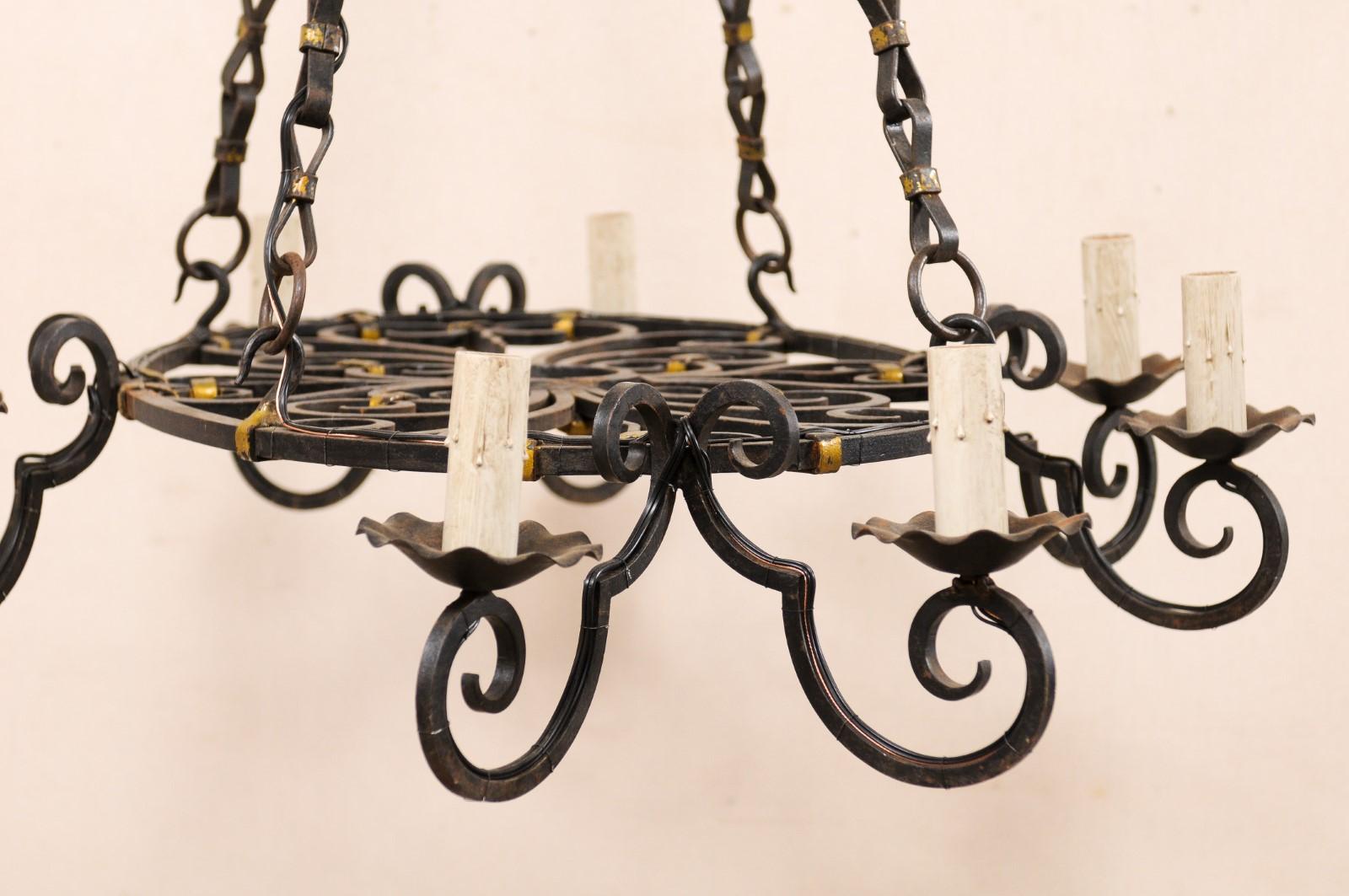 French Oval-Shaped, 8-Light, Forged-Iron Chandelier with Gold Accents For Sale 4