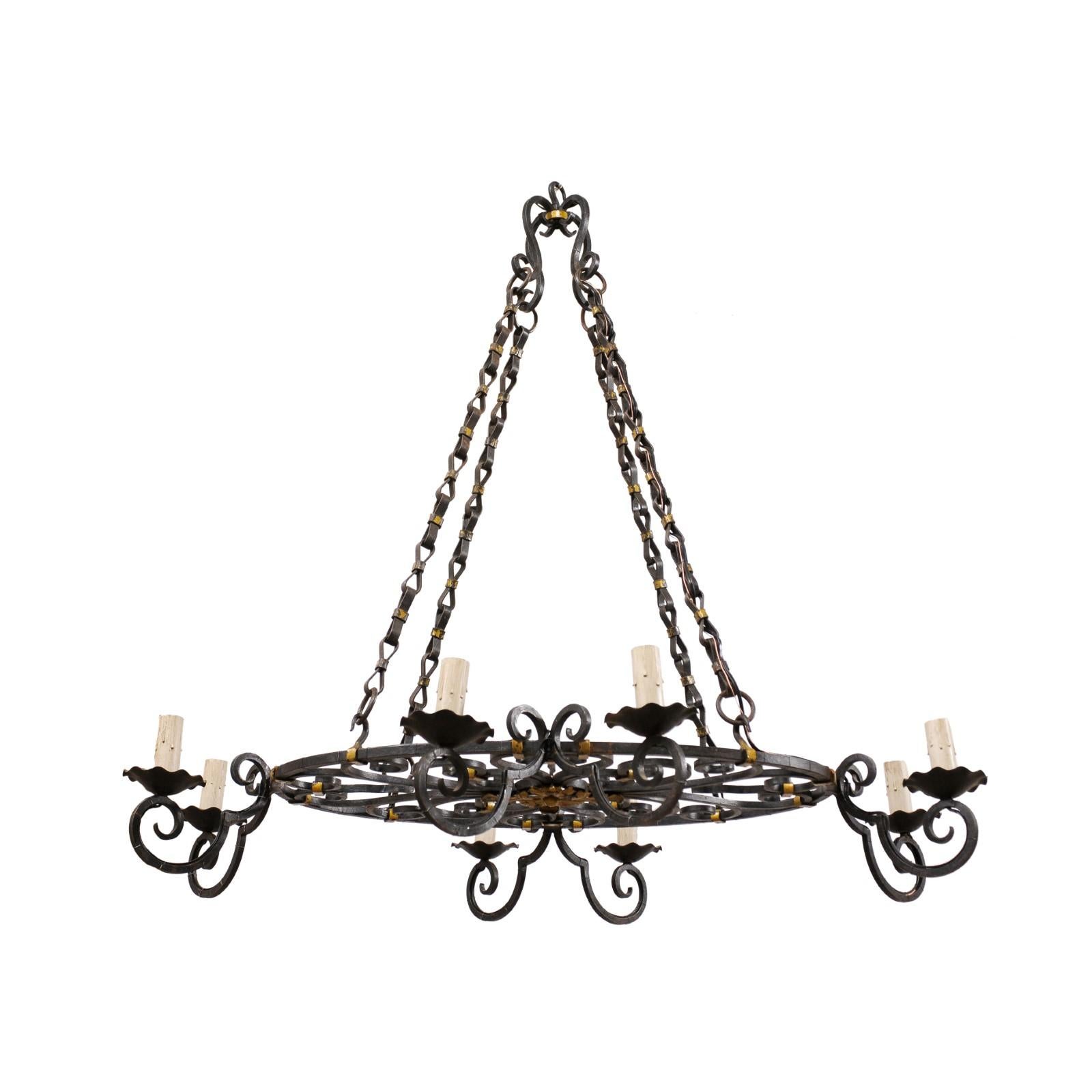 French Oval-Shaped, 8-Light, Forged-Iron Chandelier with Gold Accents For Sale