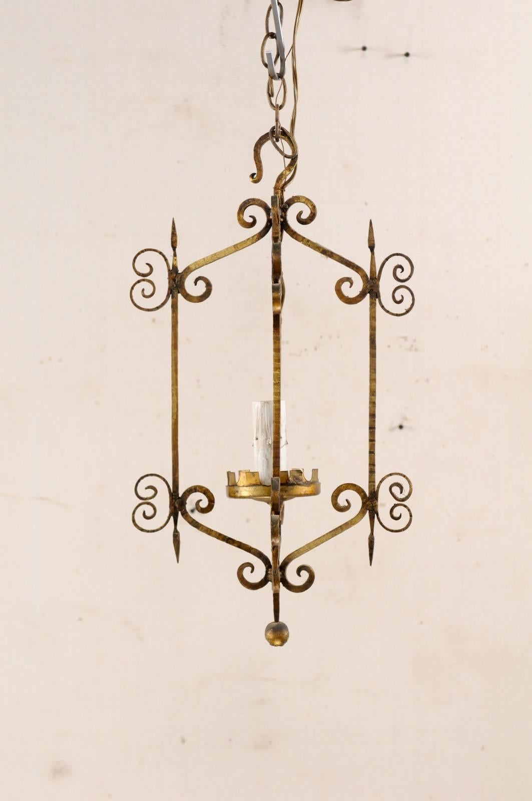 French Mid-20th Century Single Light Scrolled Iron Chandelier in Gold Bronze Hue For Sale 1