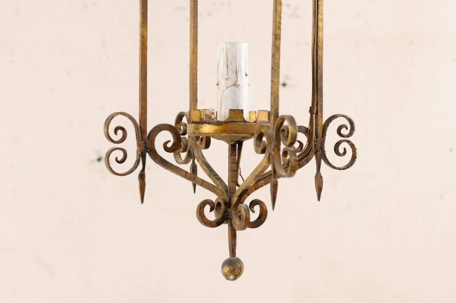 French Mid-20th Century Single Light Scrolled Iron Chandelier in Gold Bronze Hue For Sale 2