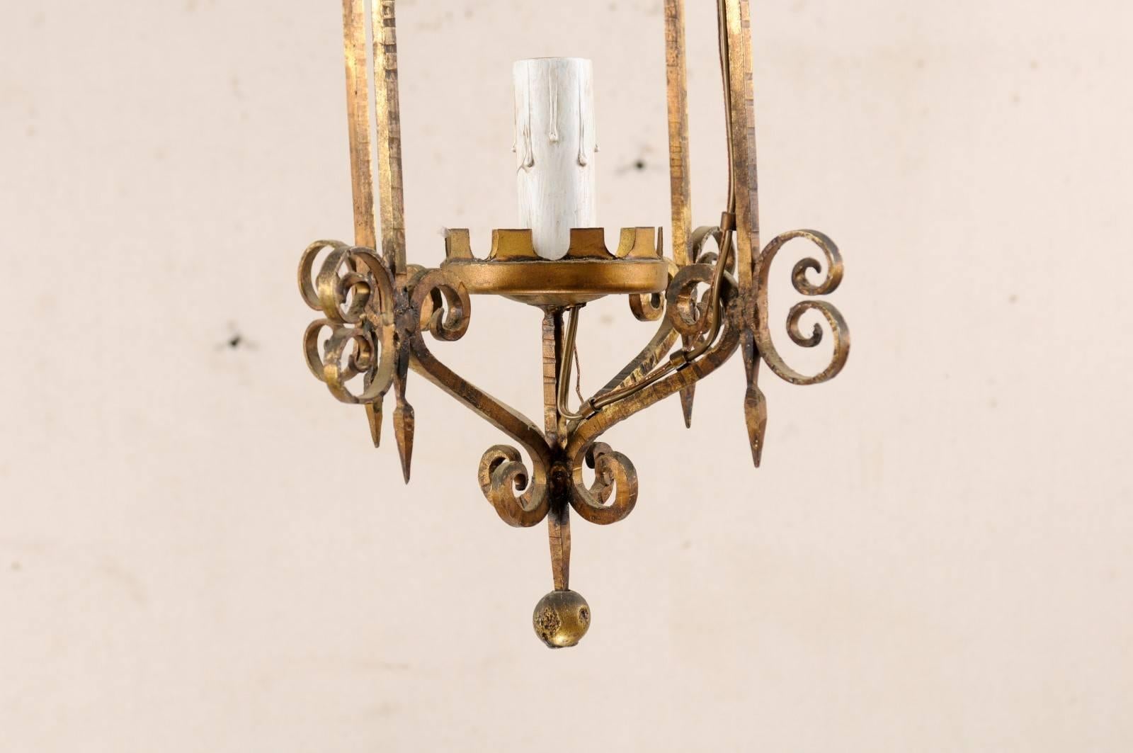 French Mid-20th Century Single Light Scrolled Iron Chandelier in Gold Bronze Hue For Sale 3