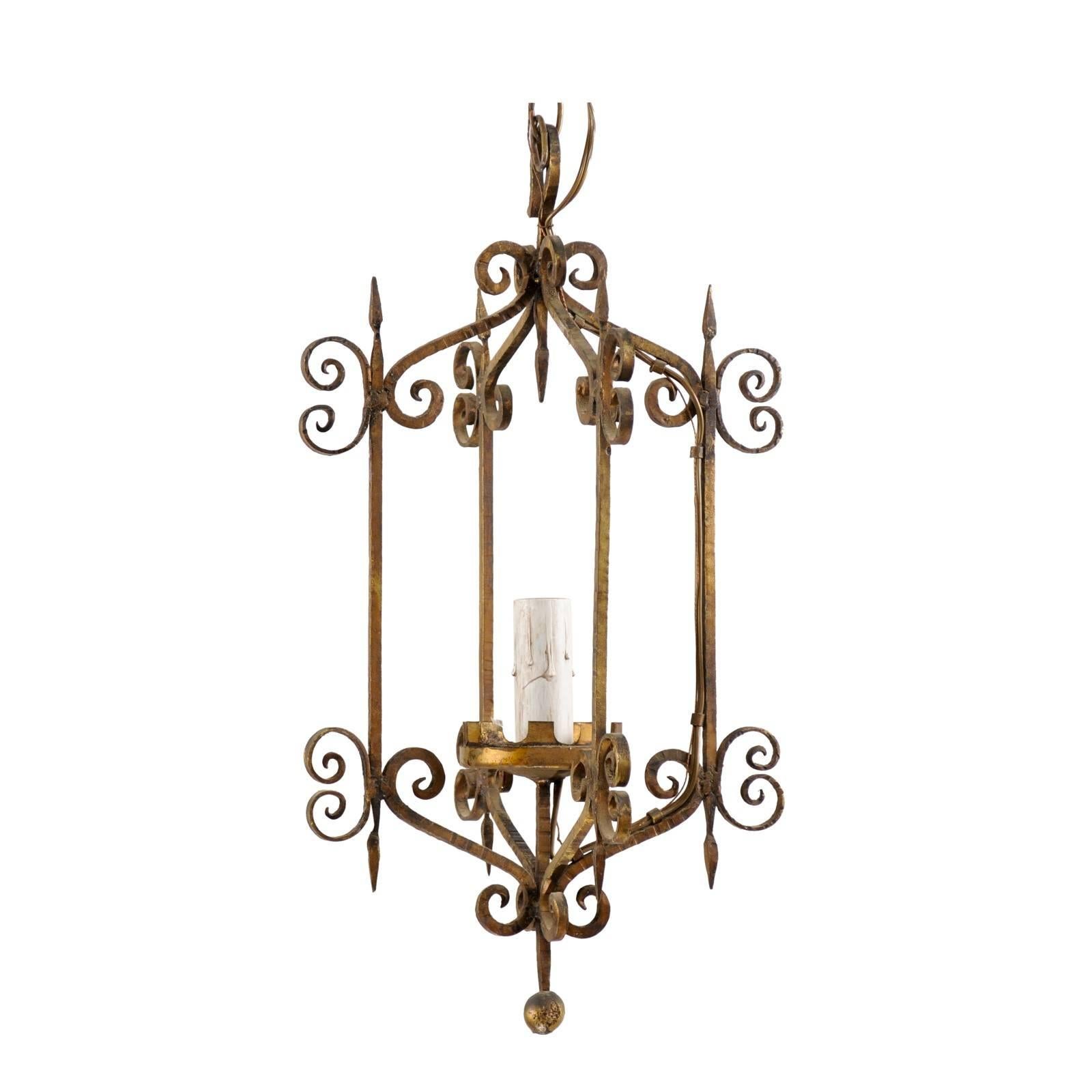 French Mid-20th Century Single Light Scrolled Iron Chandelier in Gold Bronze Hue For Sale