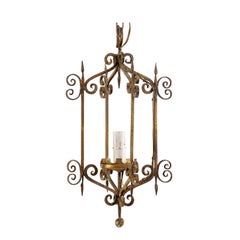 Vintage French Mid-20th Century Single Light Scrolled Iron Chandelier in Gold Bronze Hue