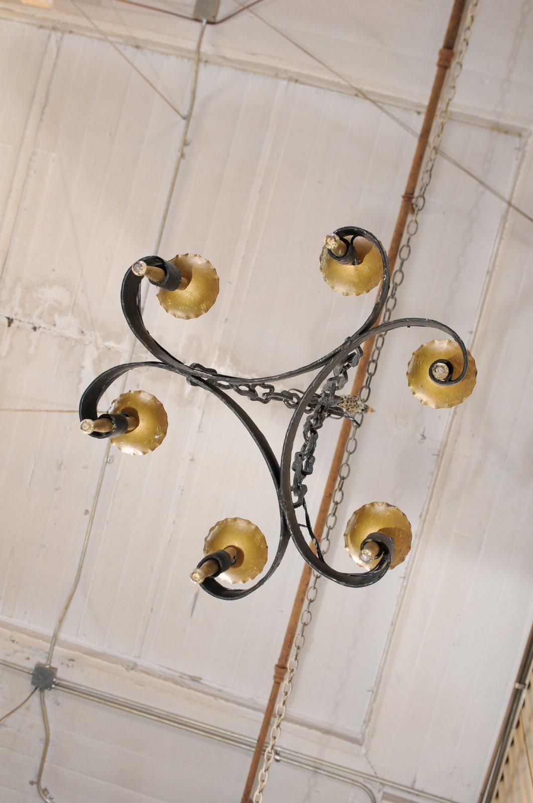 French Mid-20th Century Six-Light Black and Gold Hand-Forged Iron Chandelier 7