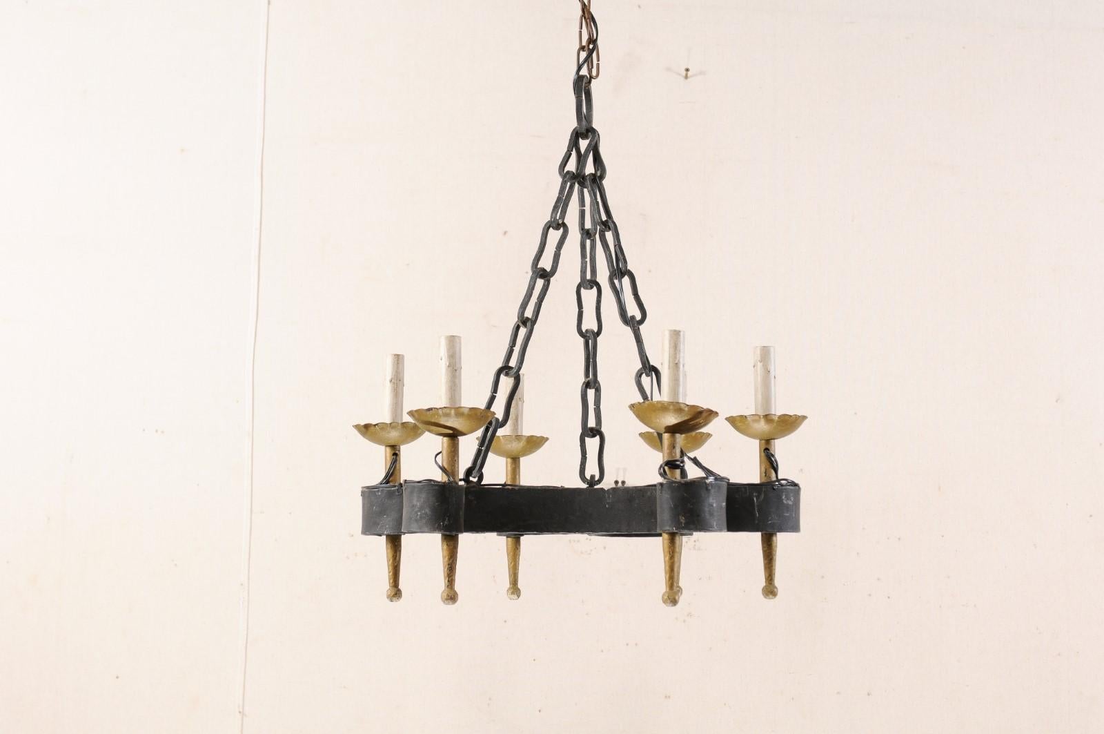 French Mid-20th Century Six-Light Black and Gold Hand-Forged Iron Chandelier In Good Condition In Atlanta, GA